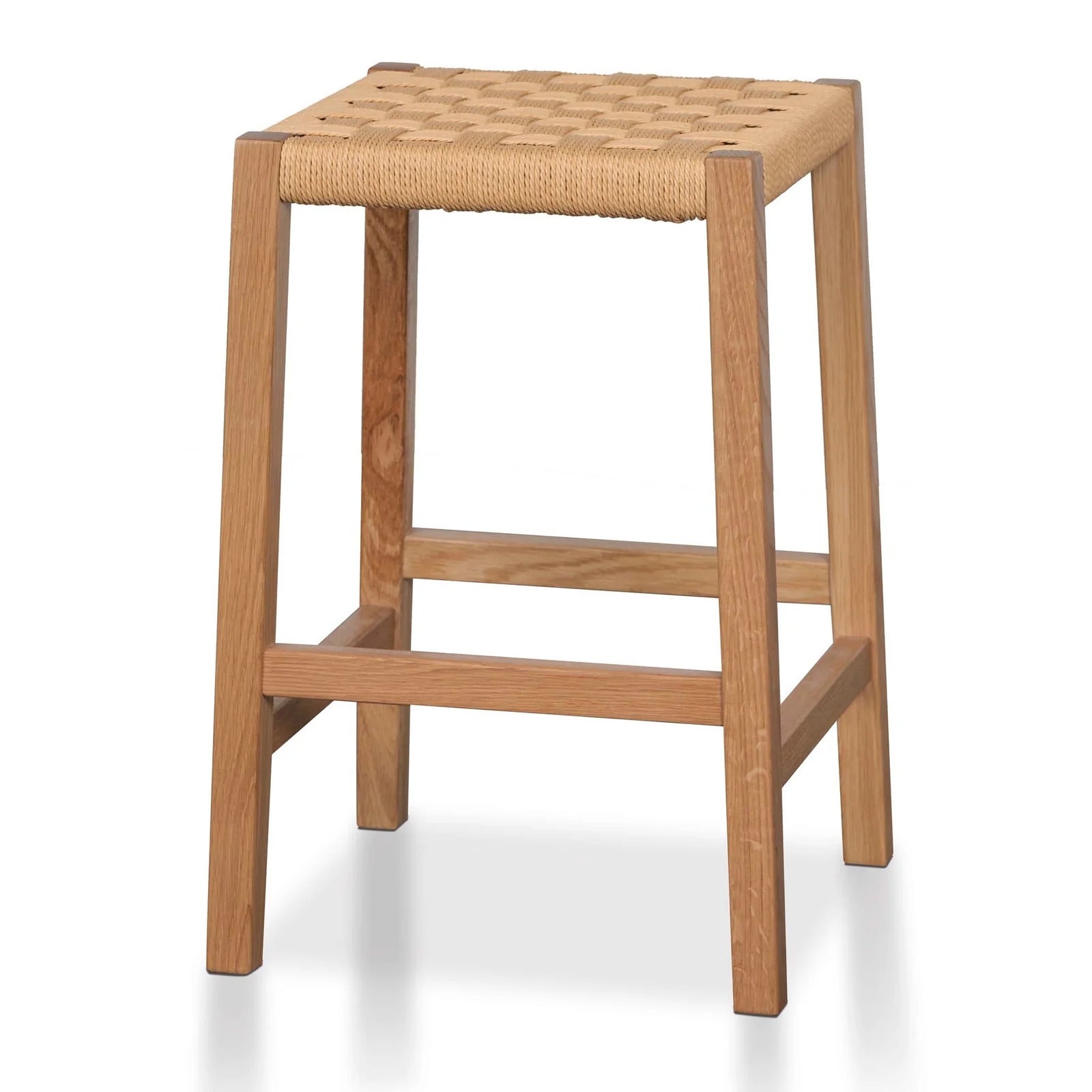Side view of Esther Barstool with natural oak wood and handwoven paper cord seating.