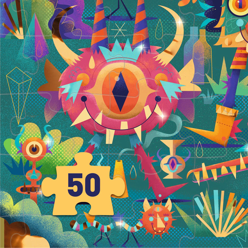 djeco monster party 50 piece wizzy jigsaw puzzle close up of puzzle