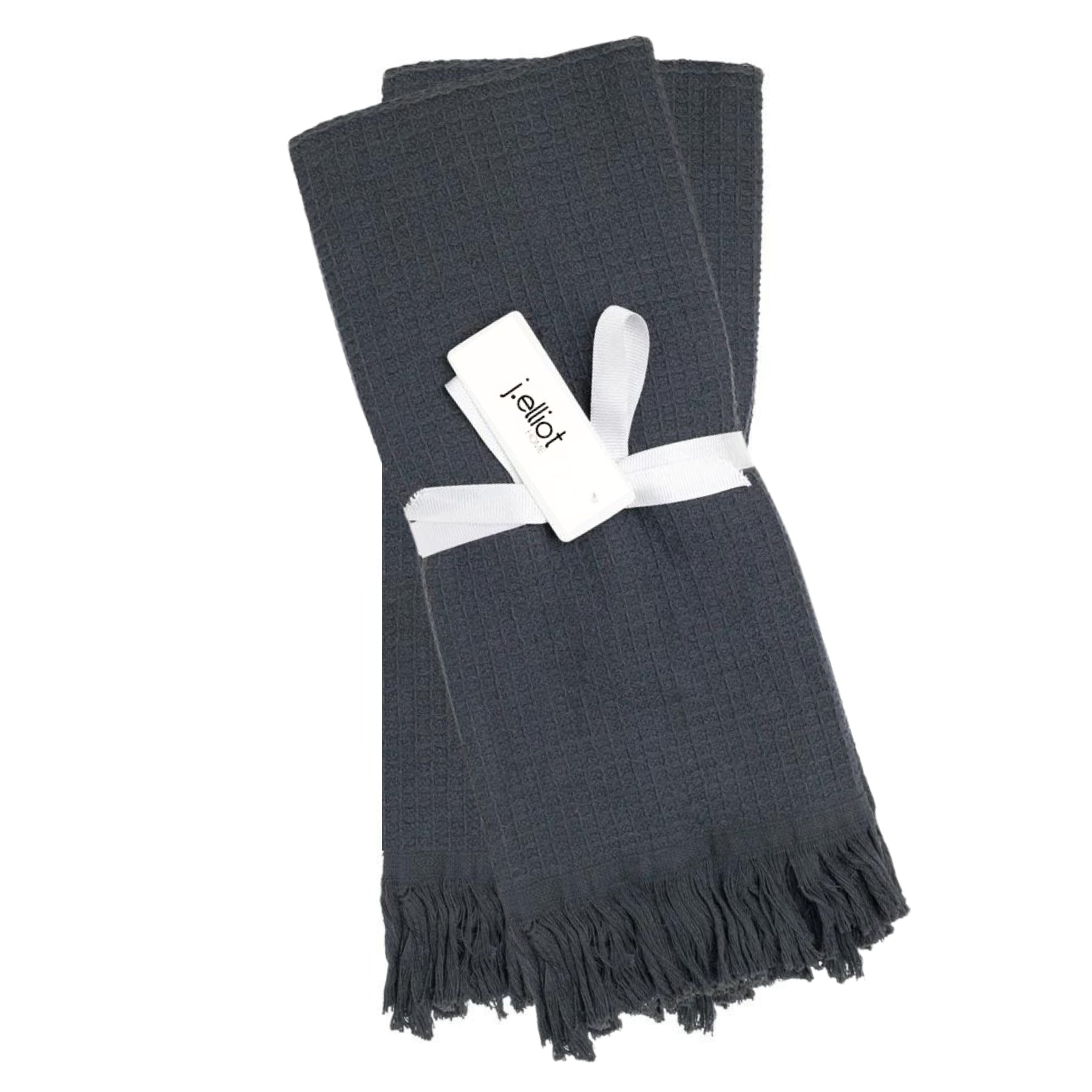 The Camila Cotton Waffle Hand Towels in Coal feature a modern waffle weave and practical fringe detailing
