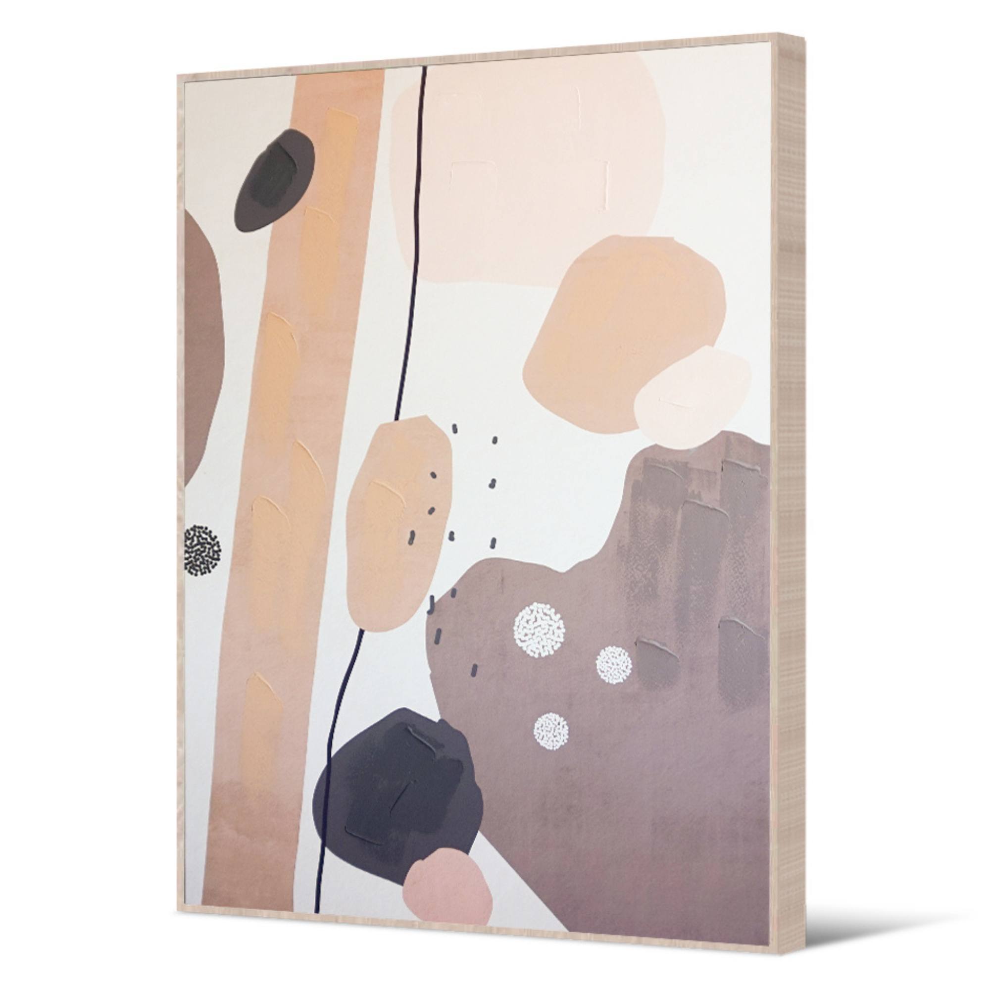 Hand-painted elements on canvas artwork with natural frame featuring serene neutral tones and textured oil embellishments for sophisticated decor