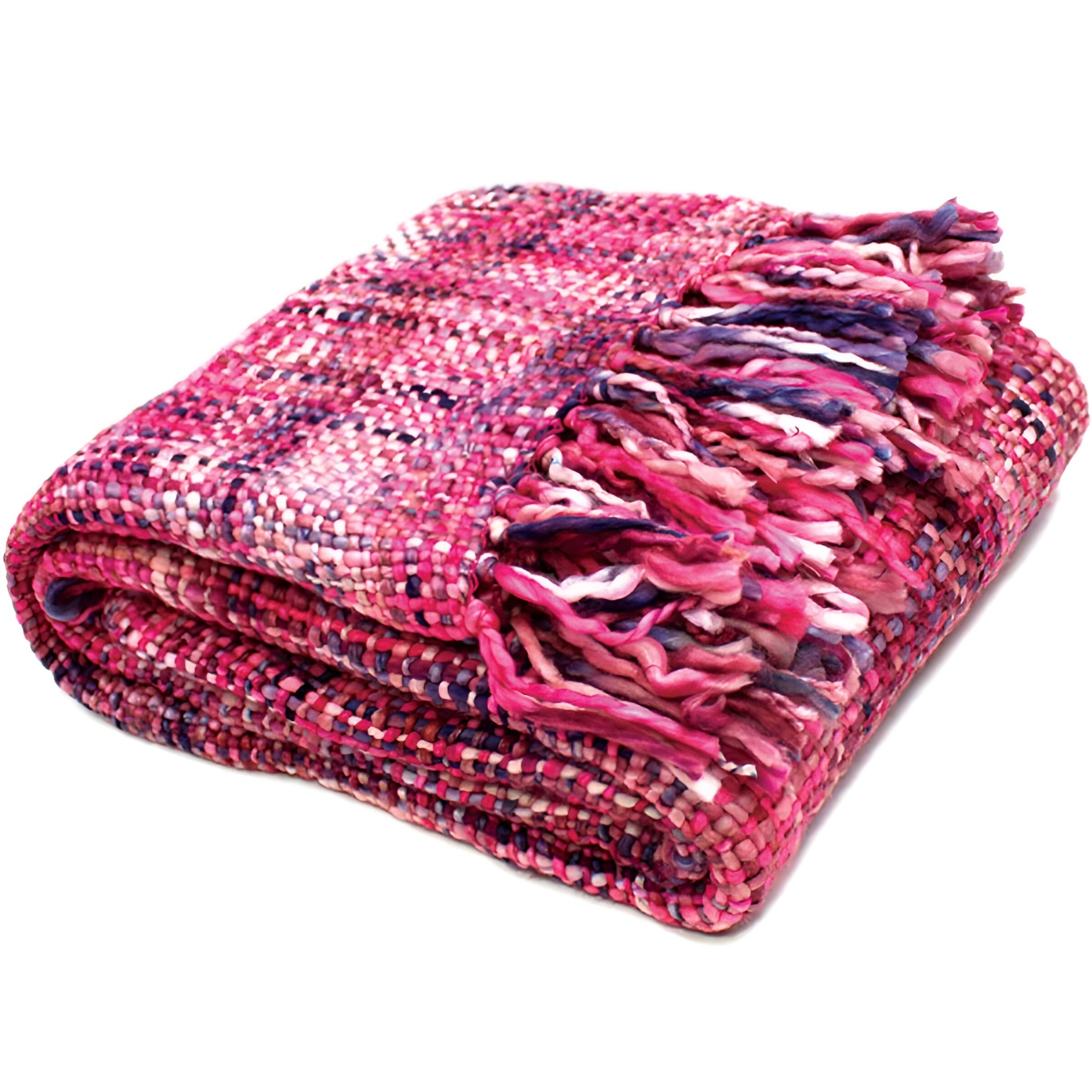 Quinn Knitted Weave Throw in Barbie Doll, folded showcasing the vibrant pink and purple hues with white accents.