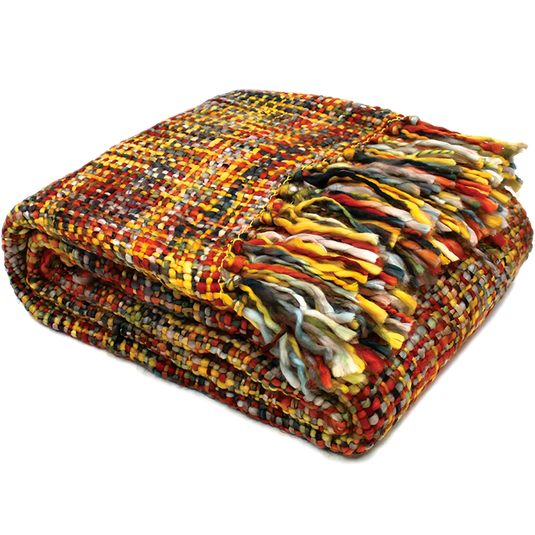 Quinn Knitted Weave Throw in Fire, folded to display the vivid mix of fire-inspired hues.