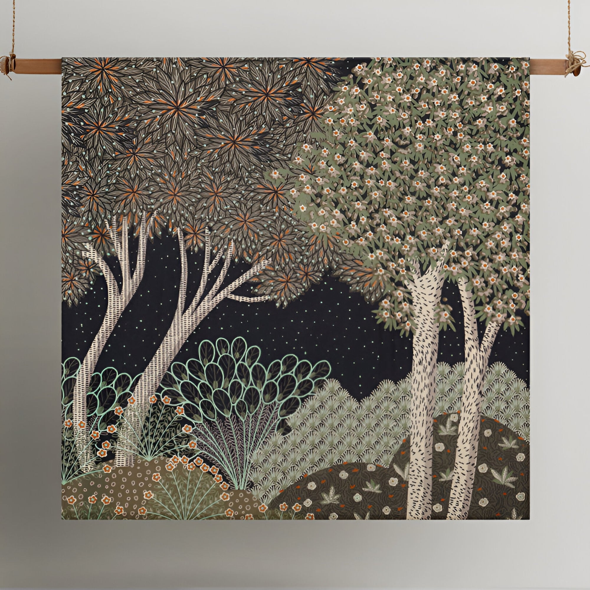 Twilight Forest Bloom Queen Quilt Cover Set presented in an elegant bedroom setup, showcasing the vibrant botanical design.