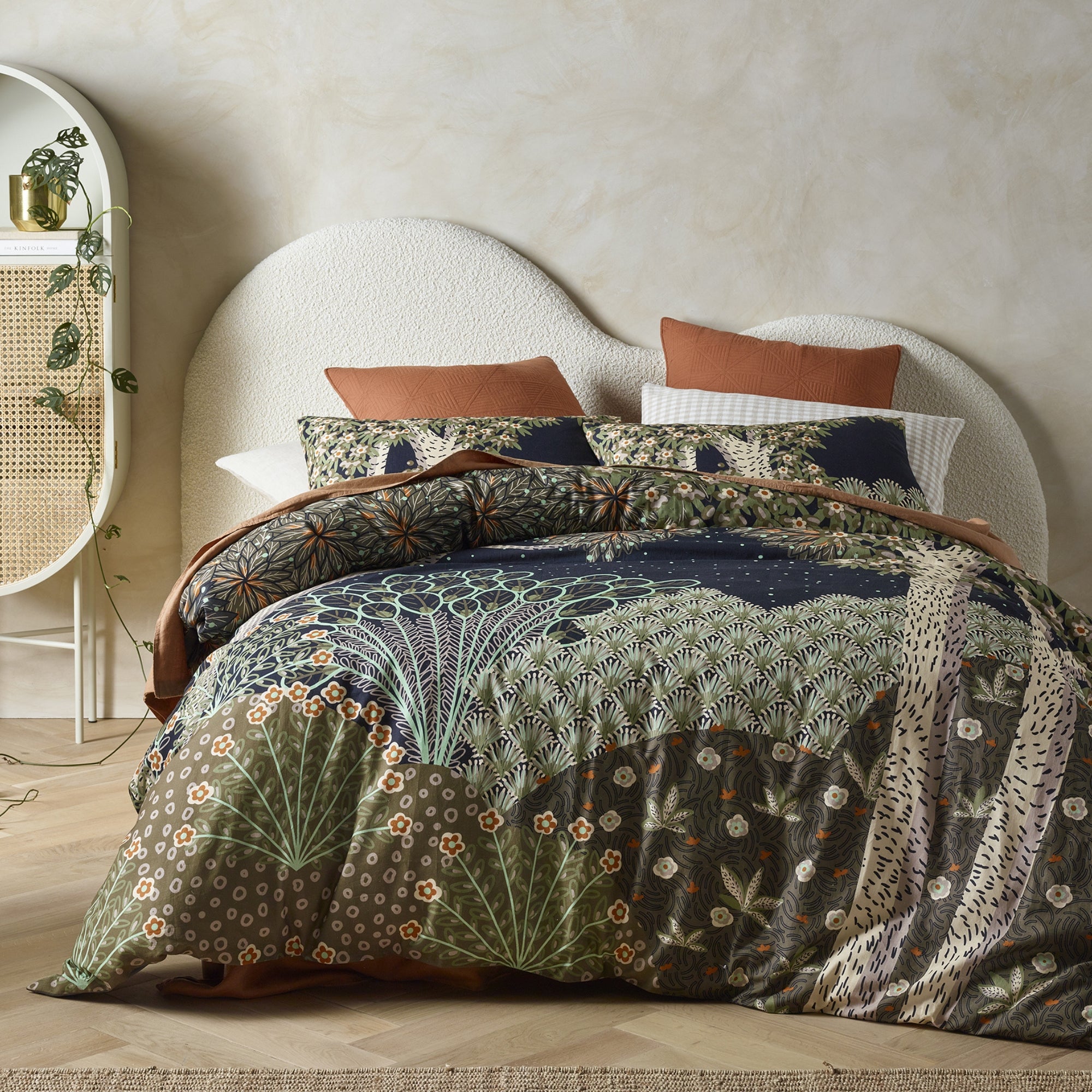 Twilight Forest Bloom Queen Quilt Cover Set in a well-appointed bedroom, highlighting the tranquil color palette and design