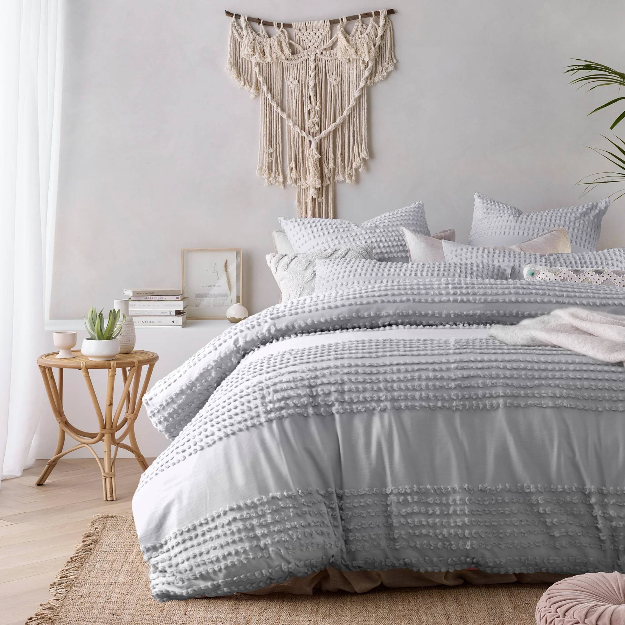 Lifestyle Shot of Betty Silver Queen Quilt Cover in Bedroom Setting