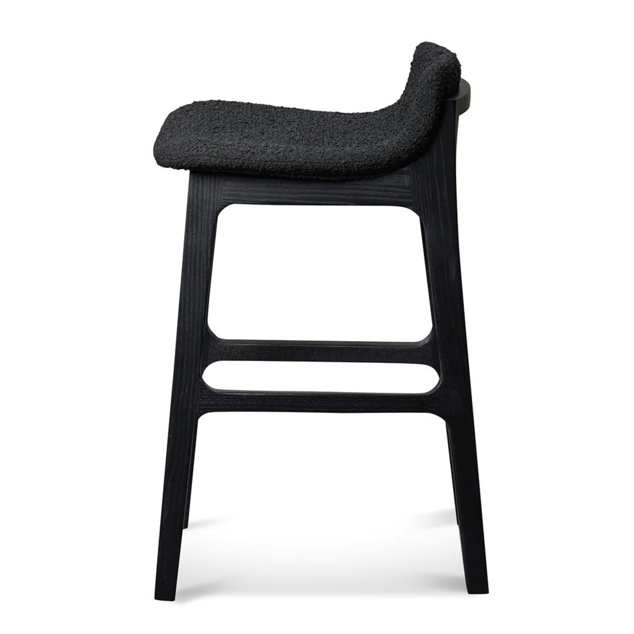 Side view of Vera Bar Stool in black bouclé fabric