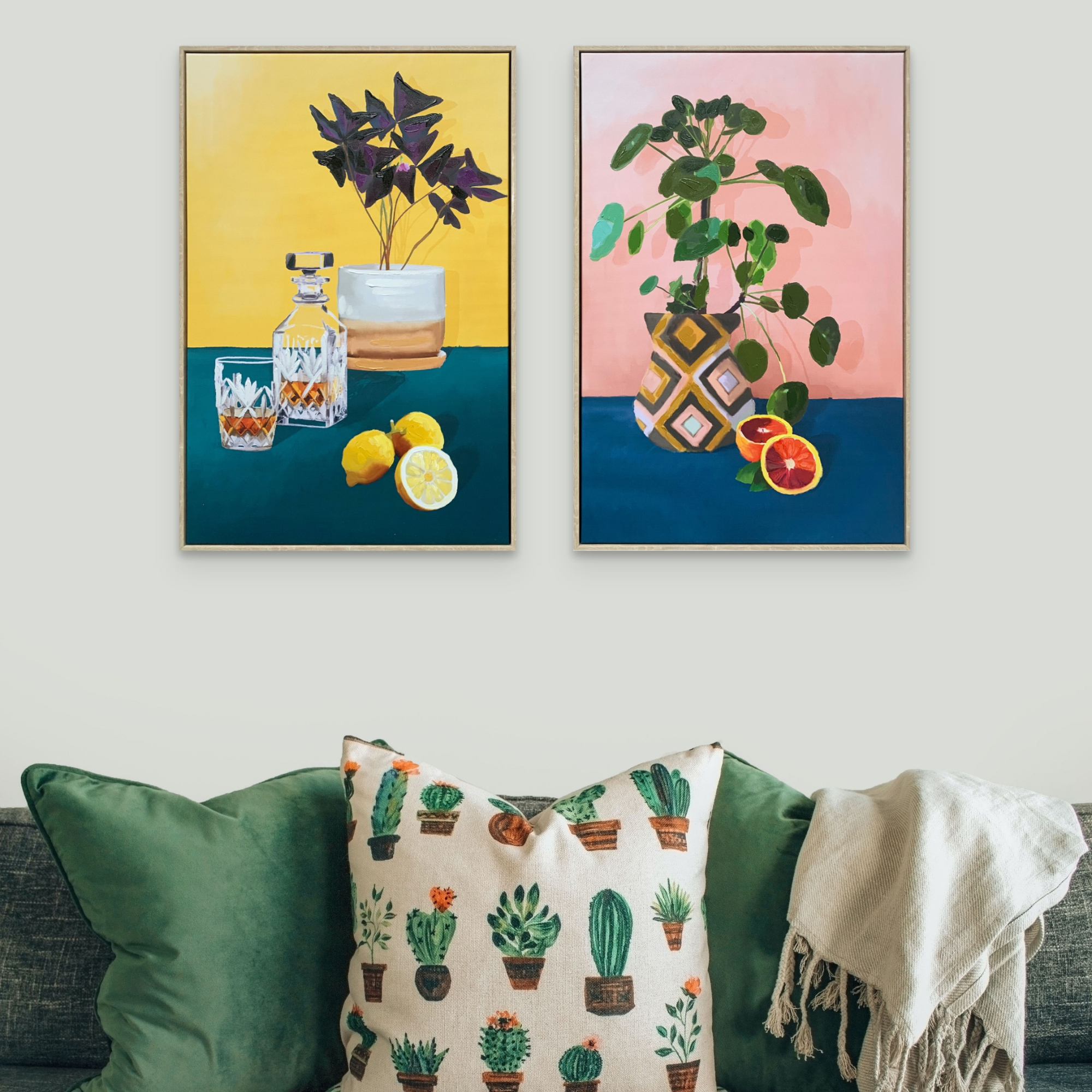 Quirky and modern Good Things framed set, with fruits and plants in a playful arrangement, size 40x60cm each.