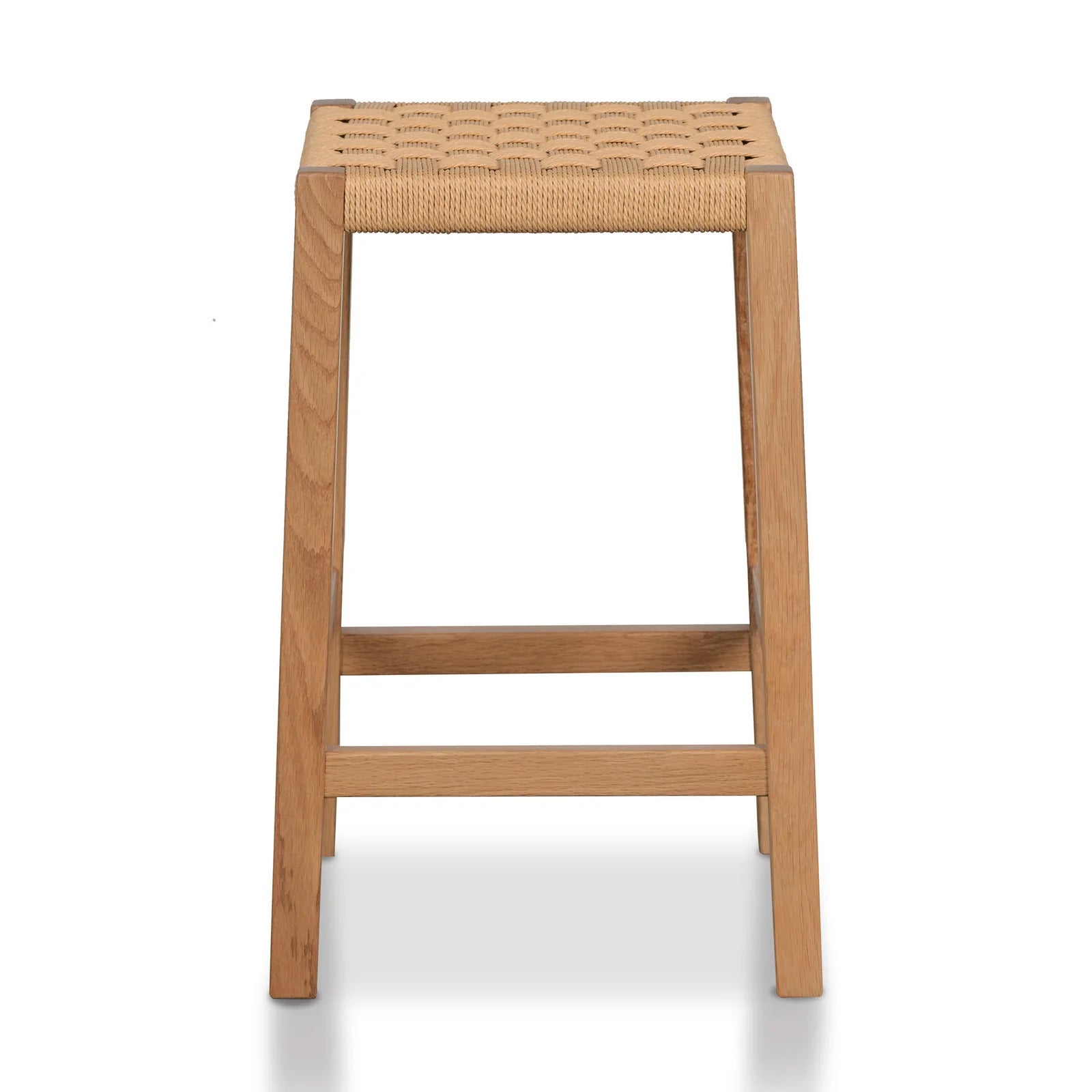 Full profile view of Esther Natural Oak Barstool with handwoven paper cord seat