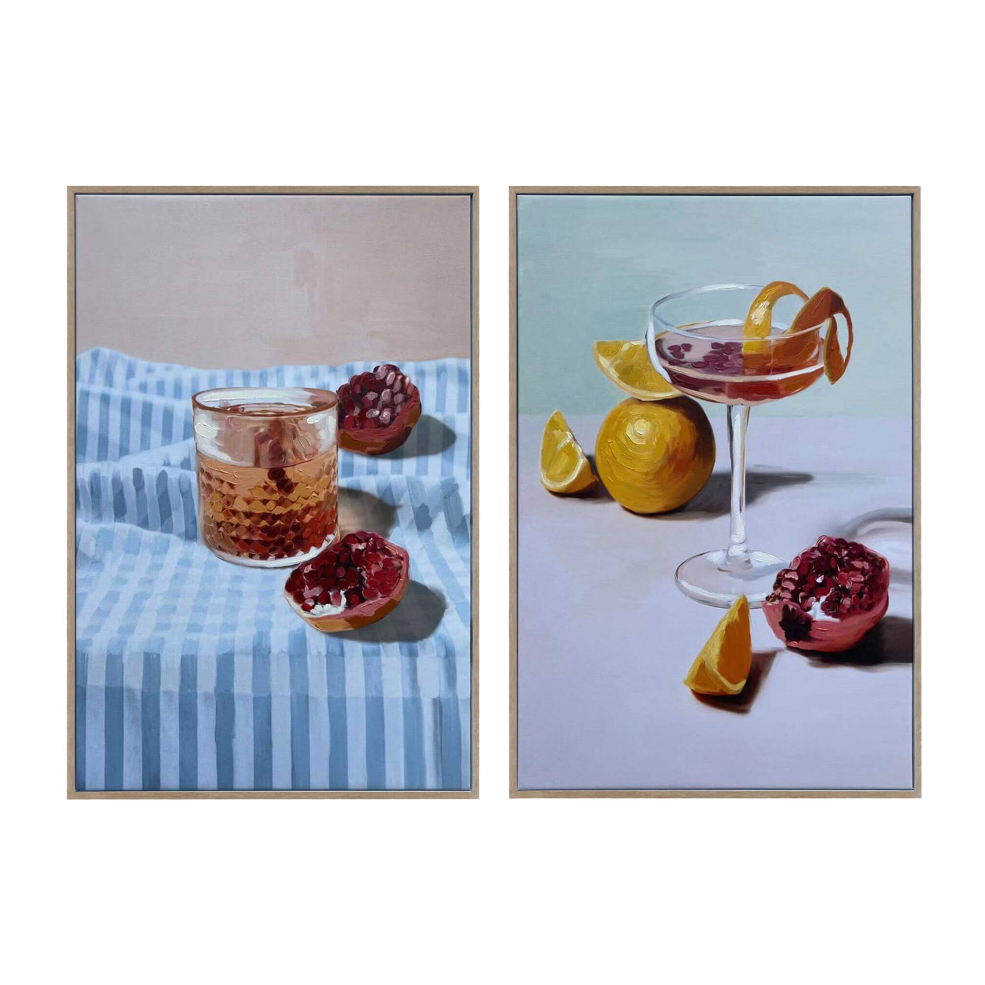 Summer Cocktails Artwork Set of two, showcasing colorful fruits and beverages in 40cm x 60cm wooden frames