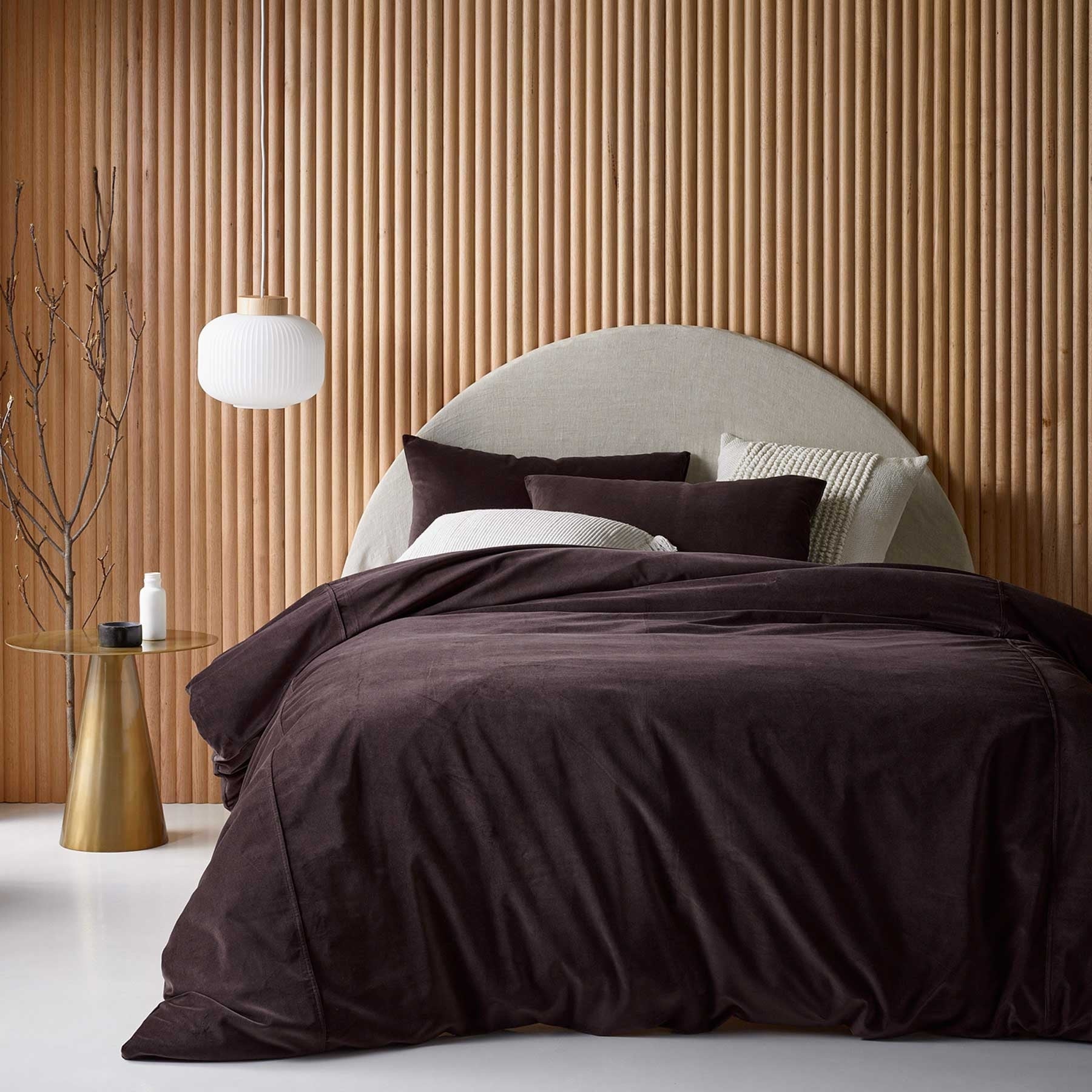 Luxurious King Size Espresso Velvet Quilt Cover Set in a Stylish Bedroom Setting