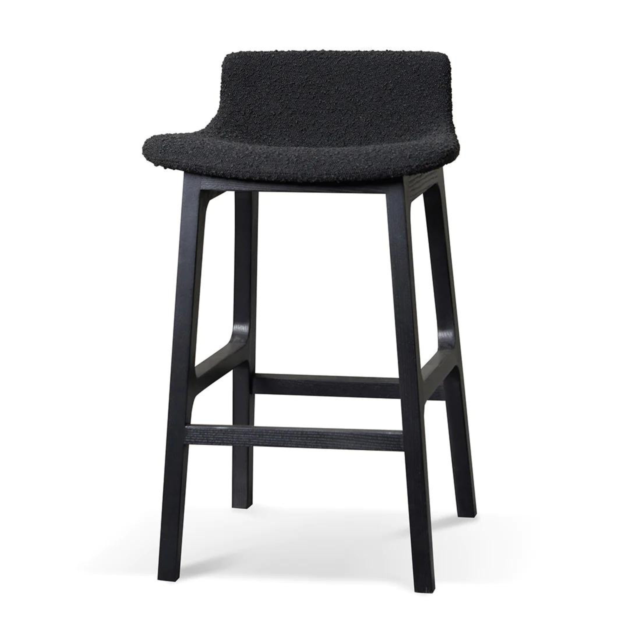 Modern black bar stool with bouclé fabric and square legs