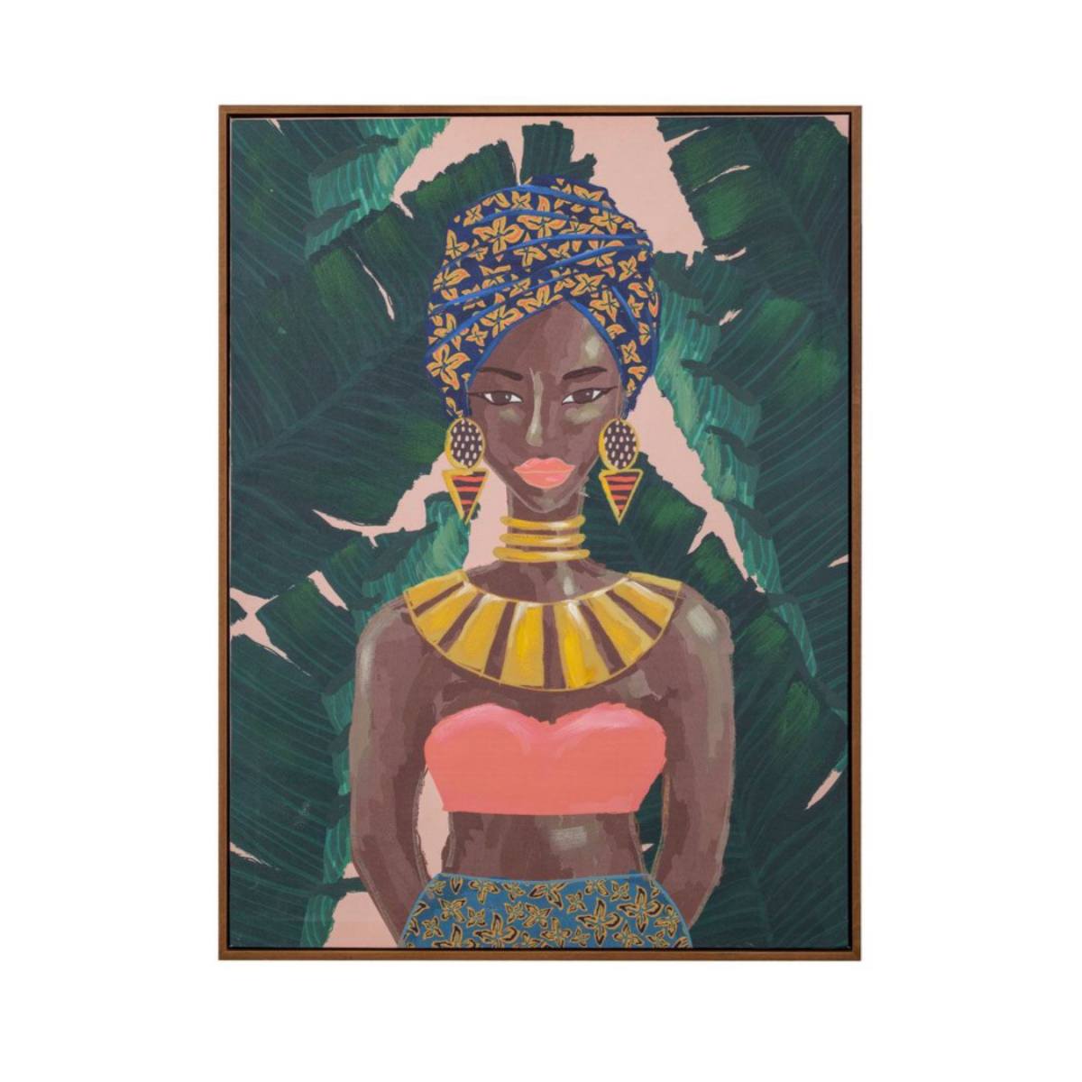Vibrant Nia artwork featuring a colorful woman among tropical leaves in a 60x80cm timber look frame.