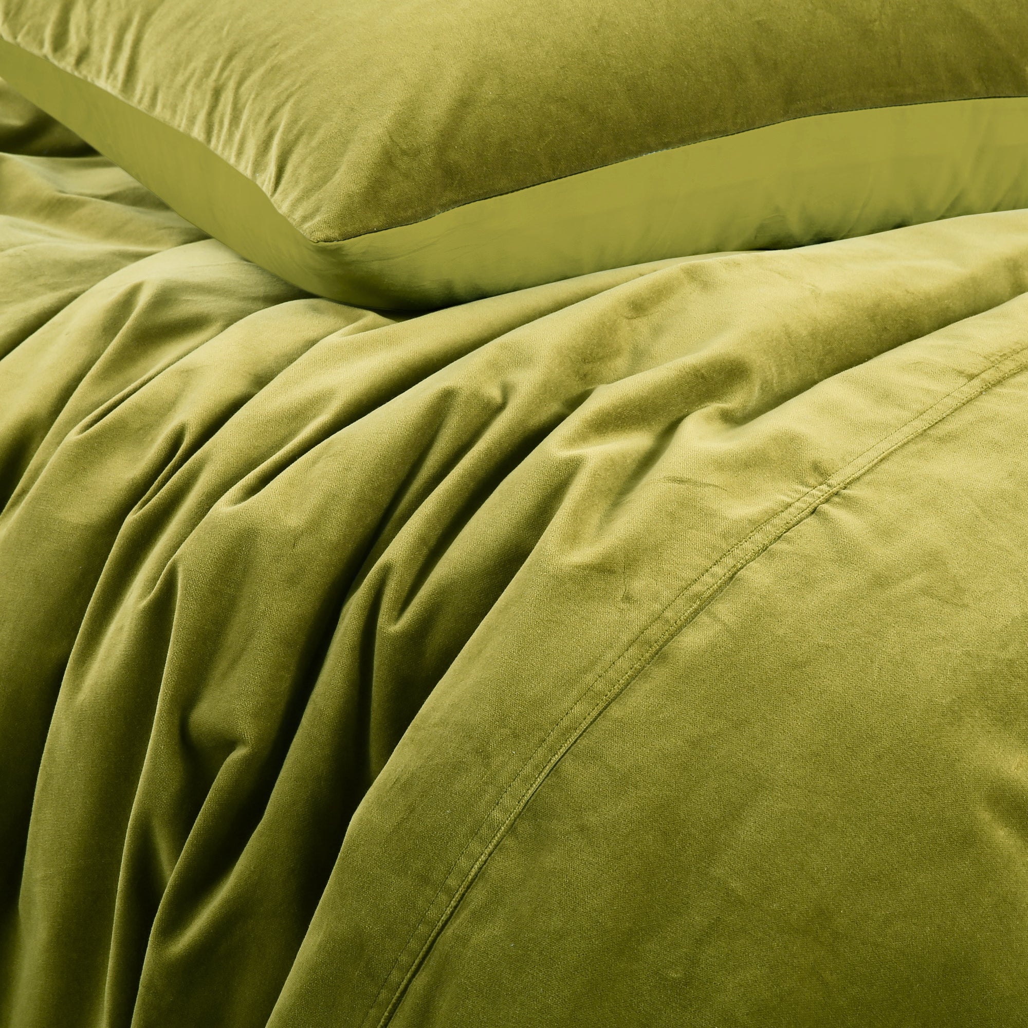 Detailed view of the plush olive cotton velvet texture on King Quilt Cover