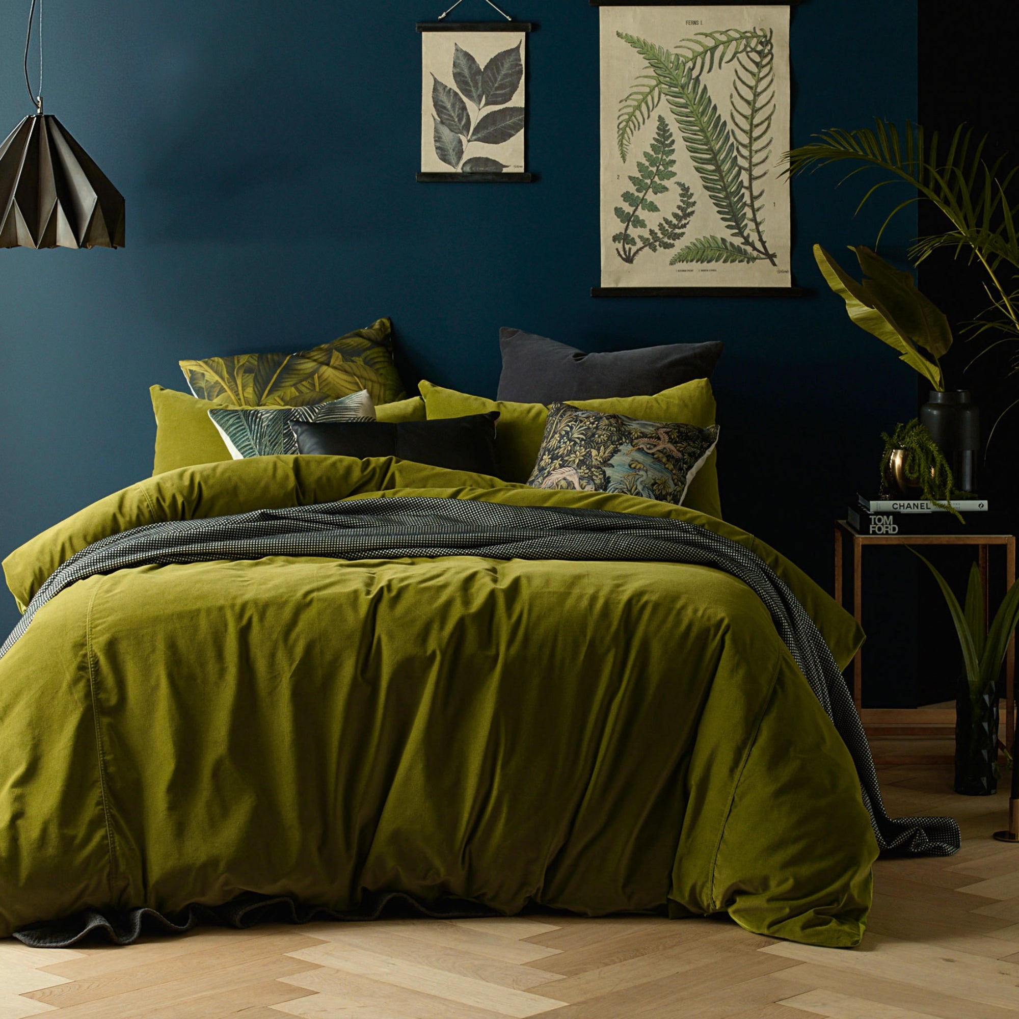 Elegant bedroom featuring Olive Cotton Velvet King Quilt Cover with natural decor accents