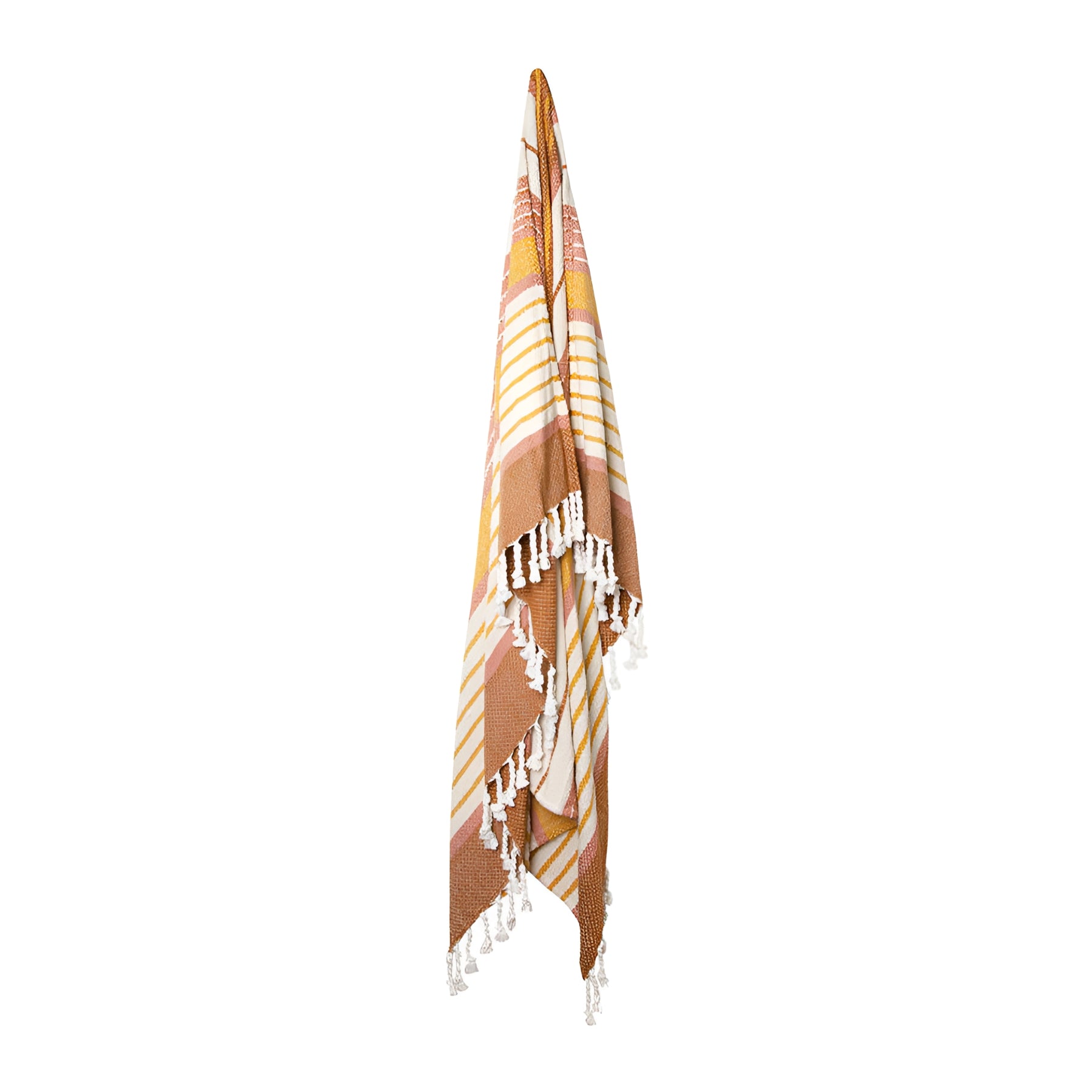 Casually draped Zephyr Throw in Peach Hues with tassels, exuding casual elegance.