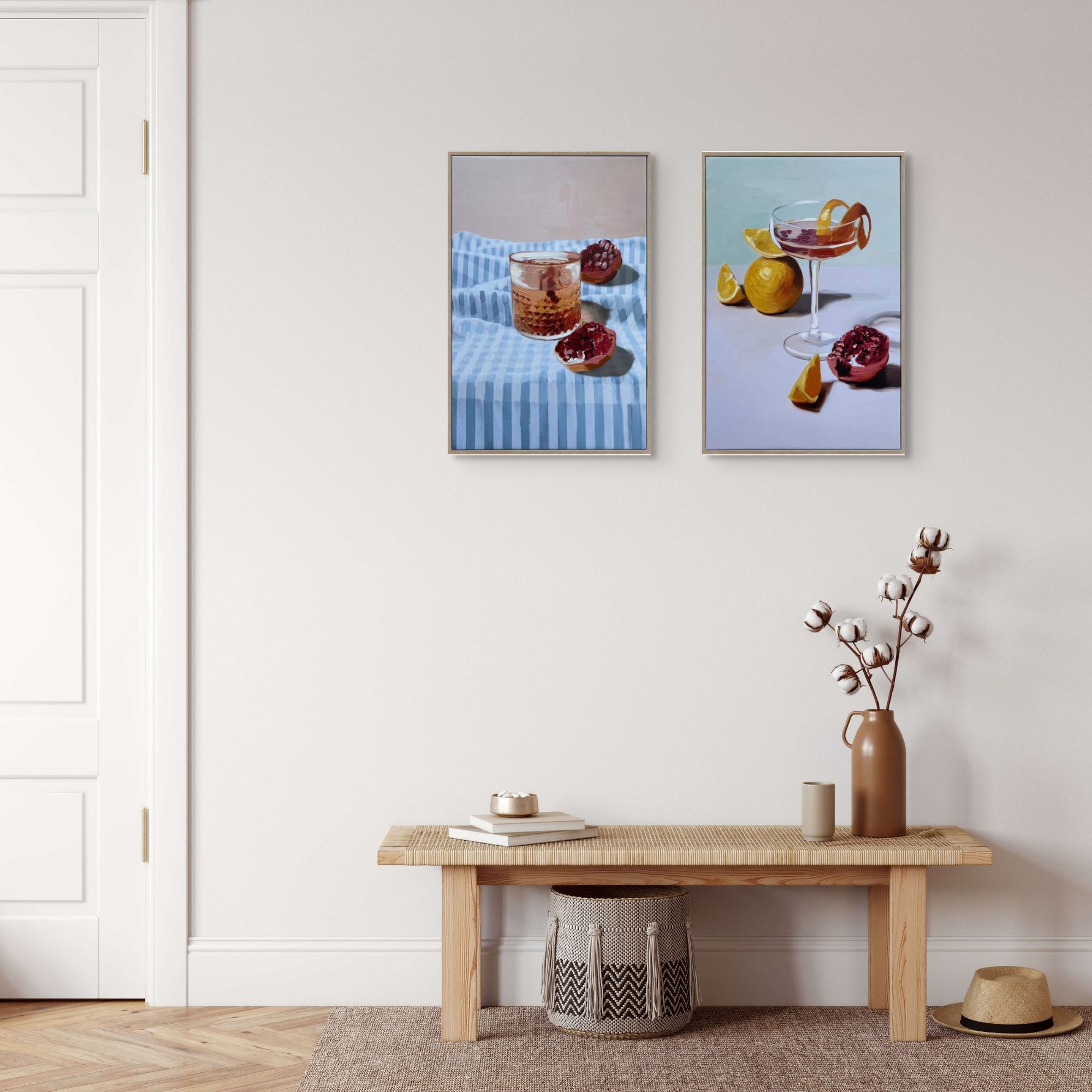 Vibrant and modern Summer Cocktails set framed in neutral wood, perfect for seasonal decor at 40cm x 60cm each.