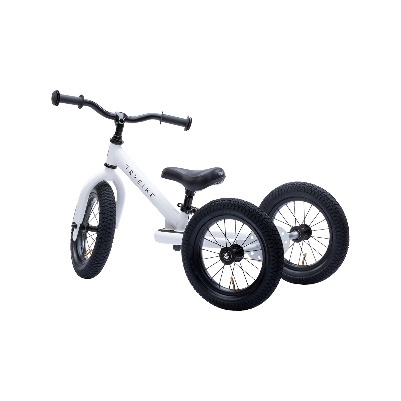White Trybike easily converts from a stylish tricycle to a balance bike.