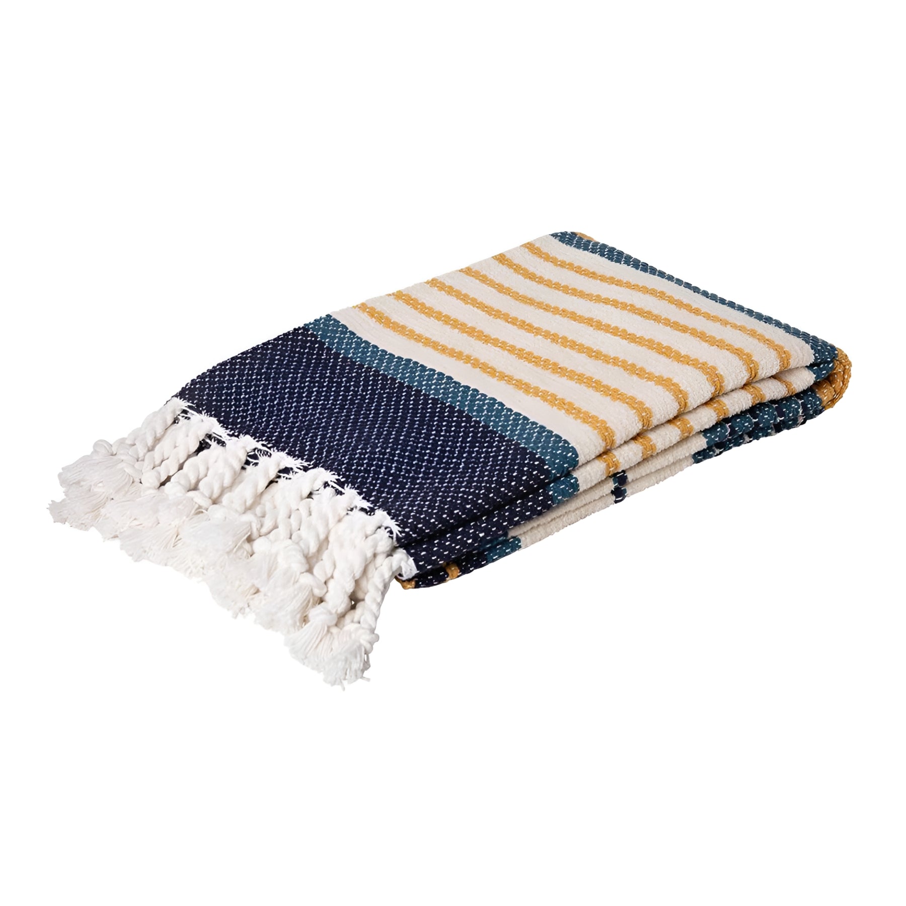 Folded Zephyr cotton throw in Blue Hues, highlighting the contrast between navy, mustard, and white stripes