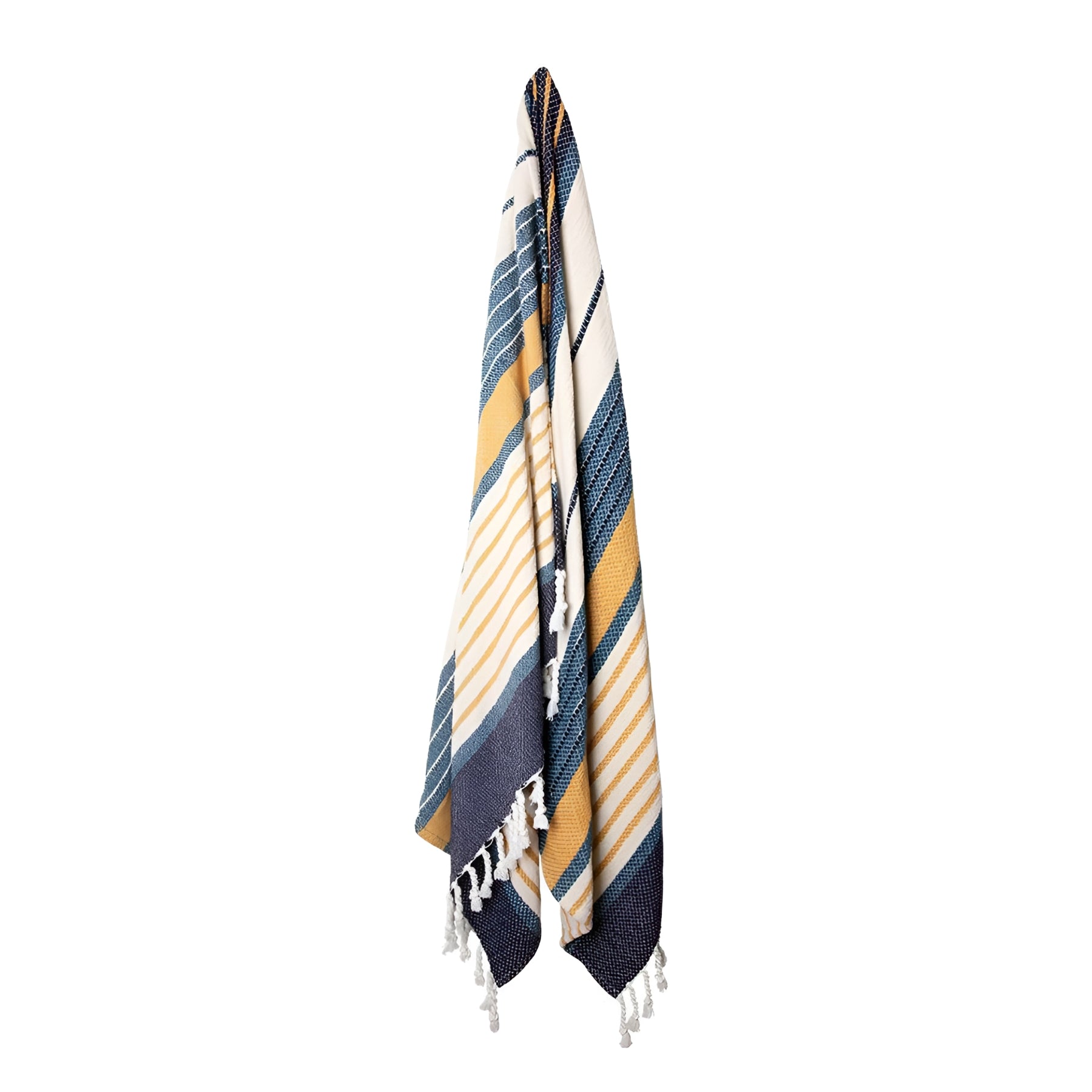Zephyr throw rug in Blue Hues with navy, mustard, and white stripes and white tassels, draped elegantly