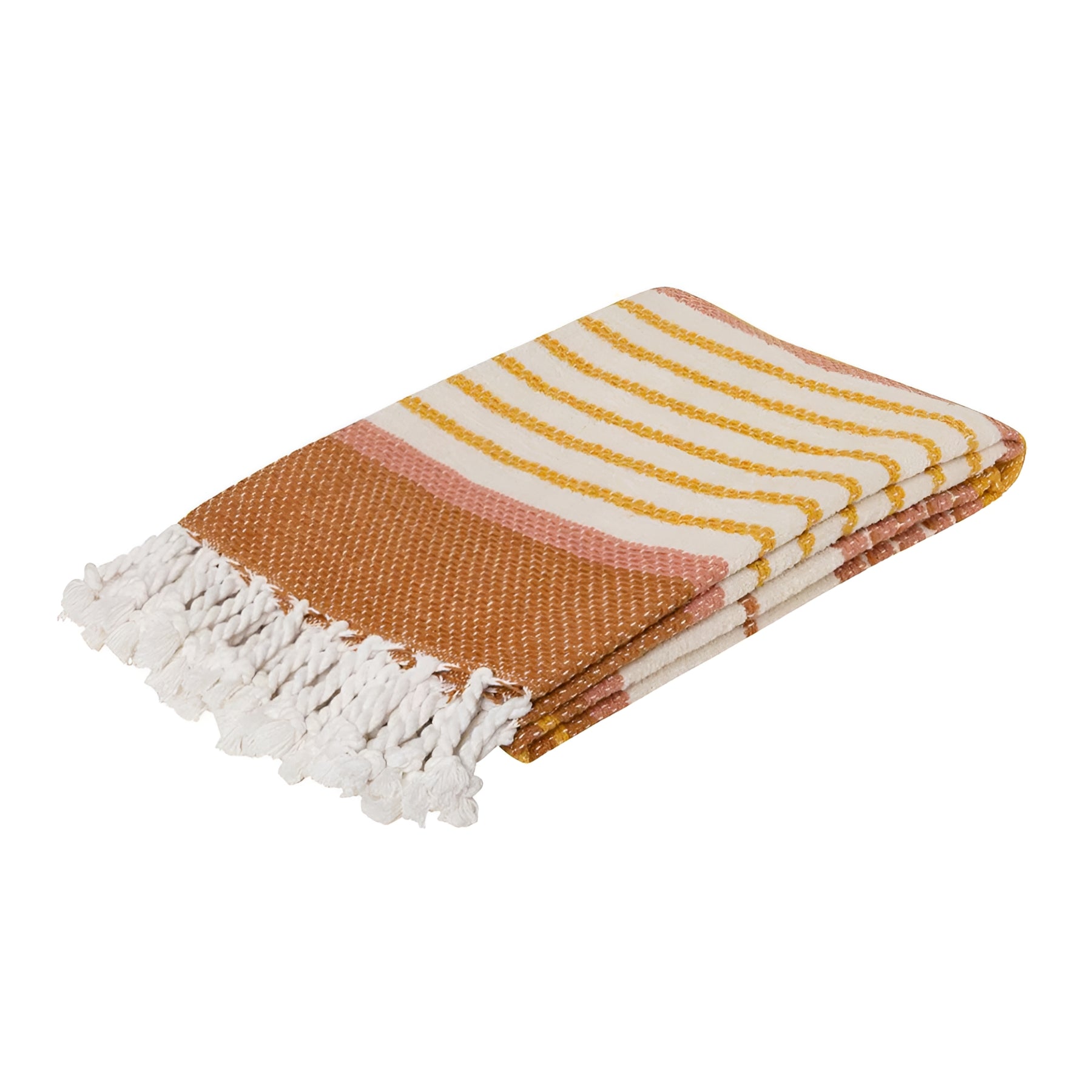 Zephyr Throw Blanket in Peach Hues with mustard accents and white tassels, folded neatly.
