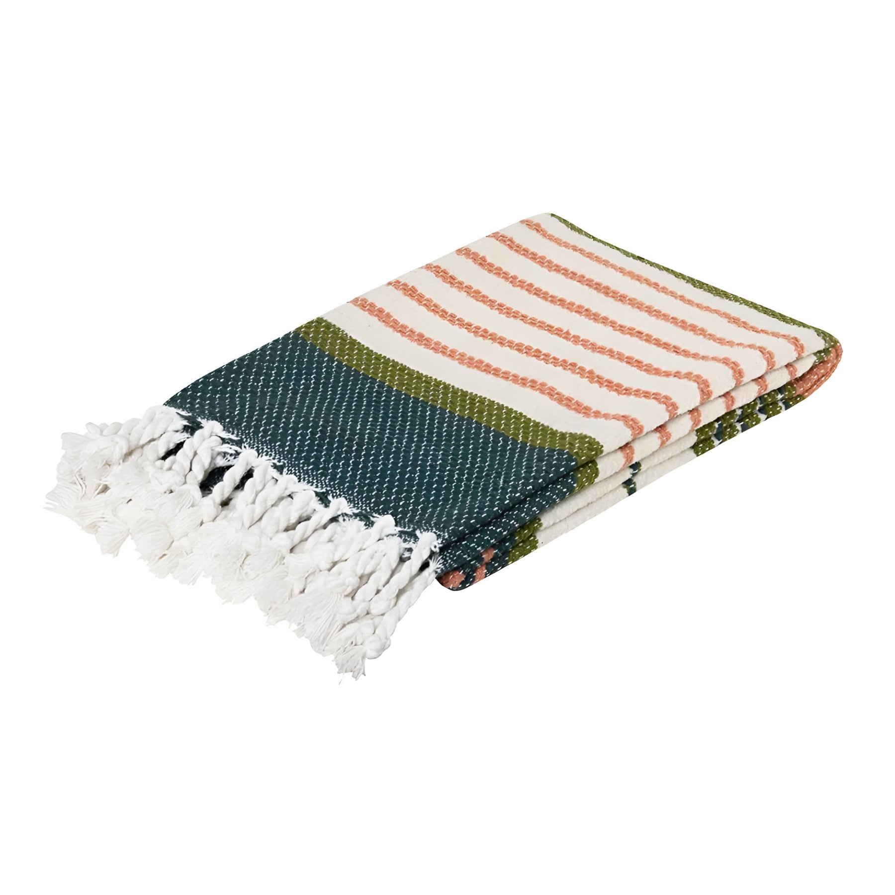 Folded Zephyr throw blanket showing green, white, and peach stripes with textured tassels.