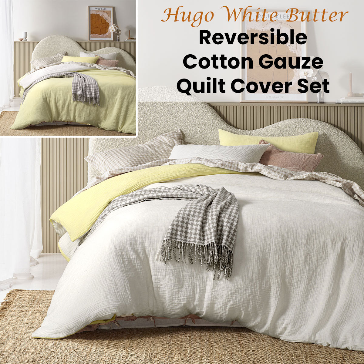 White - Butter Reversible | Cotton Gauze Quilt Cover Set | Queen