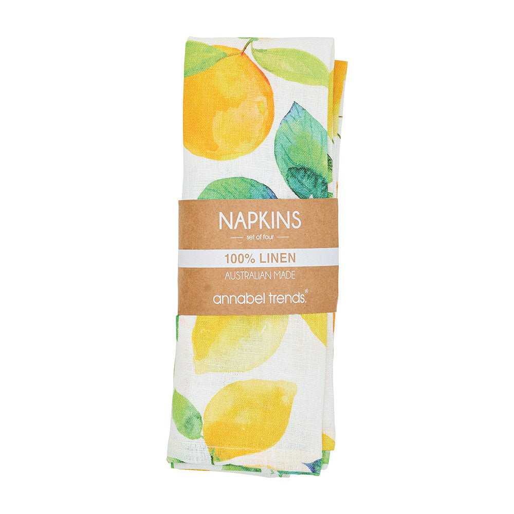Annabel Trends 100% linen napkin set of 4 in amalfi citrus print photographed folded and packaged in kraft paper bellyband