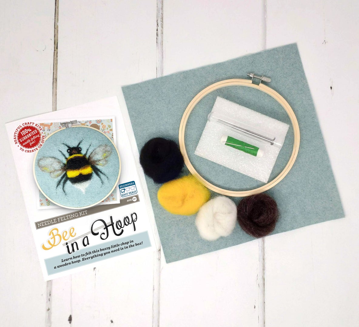 Bee in a hoop needle felt kit image of what's included in kit wool timber hoop needle instructions
